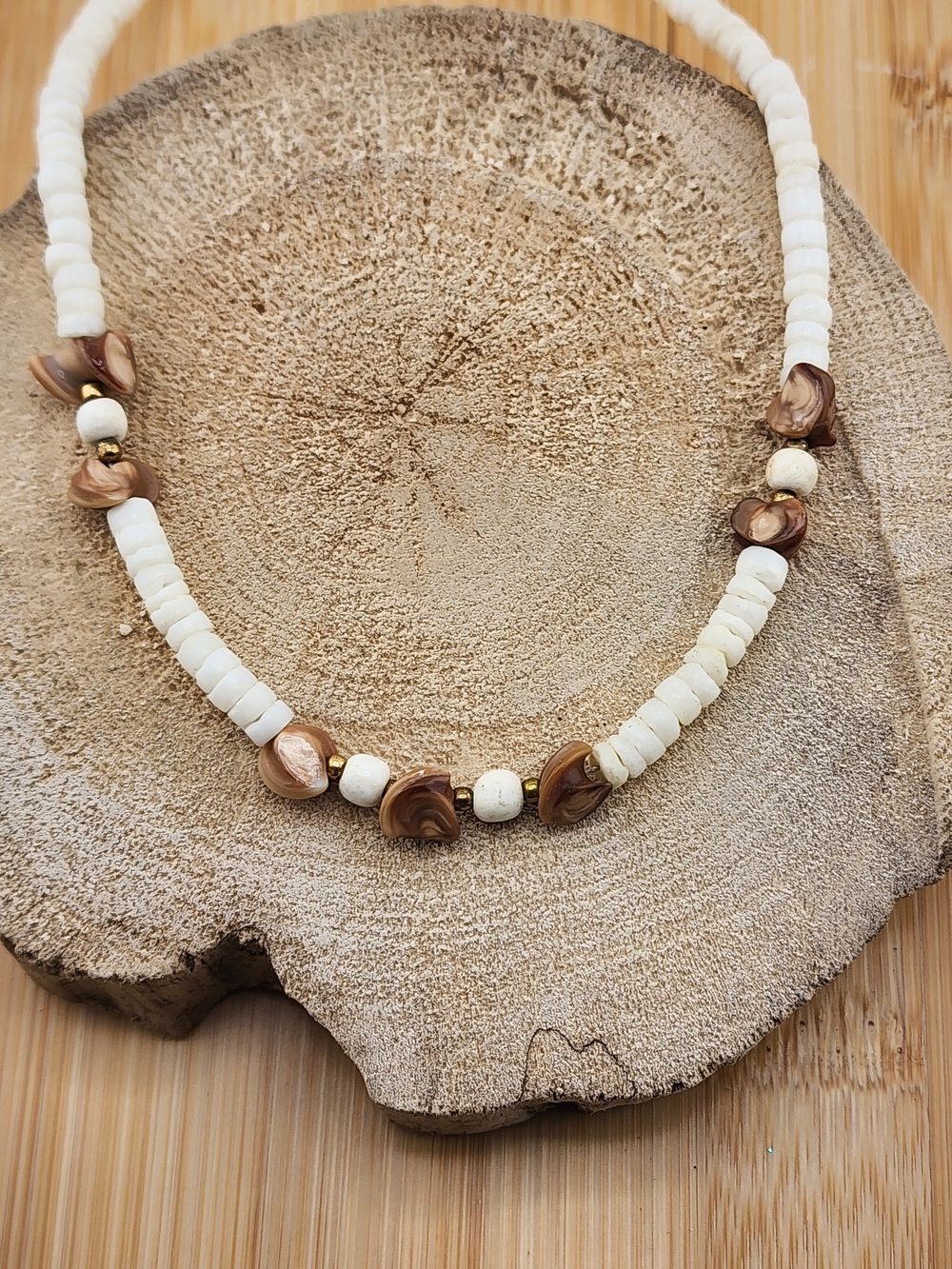 17in Handmade White and Brown Beaded Necklace 0547